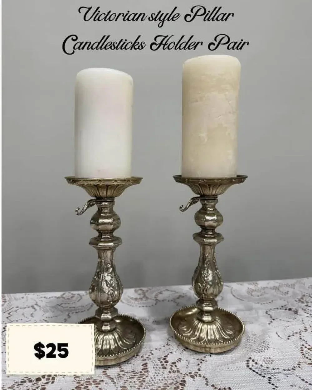 Victorian style Pillar Candlesticks Holder Pair